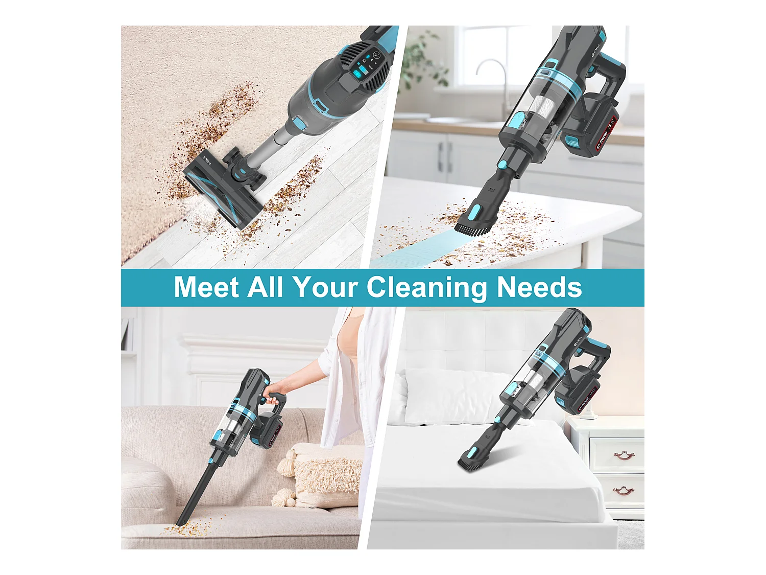 Aspirateur balai sans fil 2-en-1, 300W, batterie 4000mAh, filtration HEPA, affichage LED, bleu et gris (30x25x115 cm)