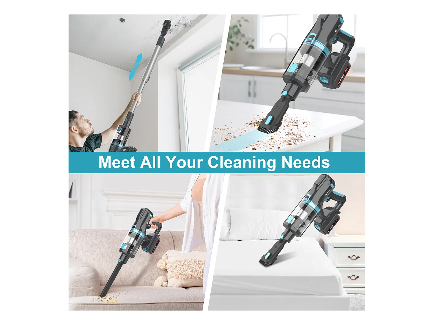 Aspirateur balai sans fil 2-en-1, 300W, batterie 4000mAh, filtration HEPA, affichage LED, bleu et gris (30x25x115 cm)