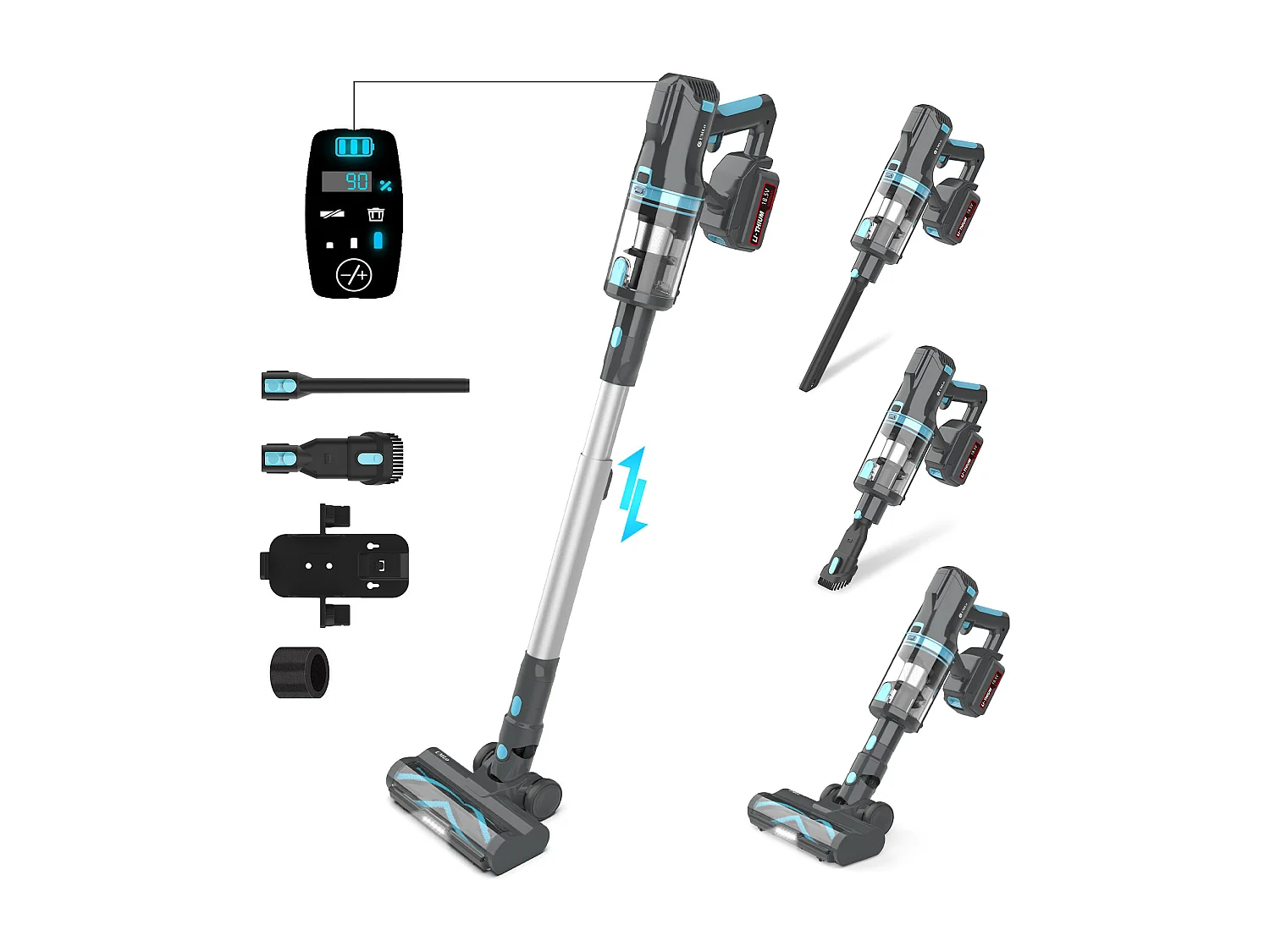 Aspirateur balai sans fil 2-en-1, 300W, batterie 4000mAh, filtration HEPA, affichage LED, bleu et gris (30x25x115 cm)