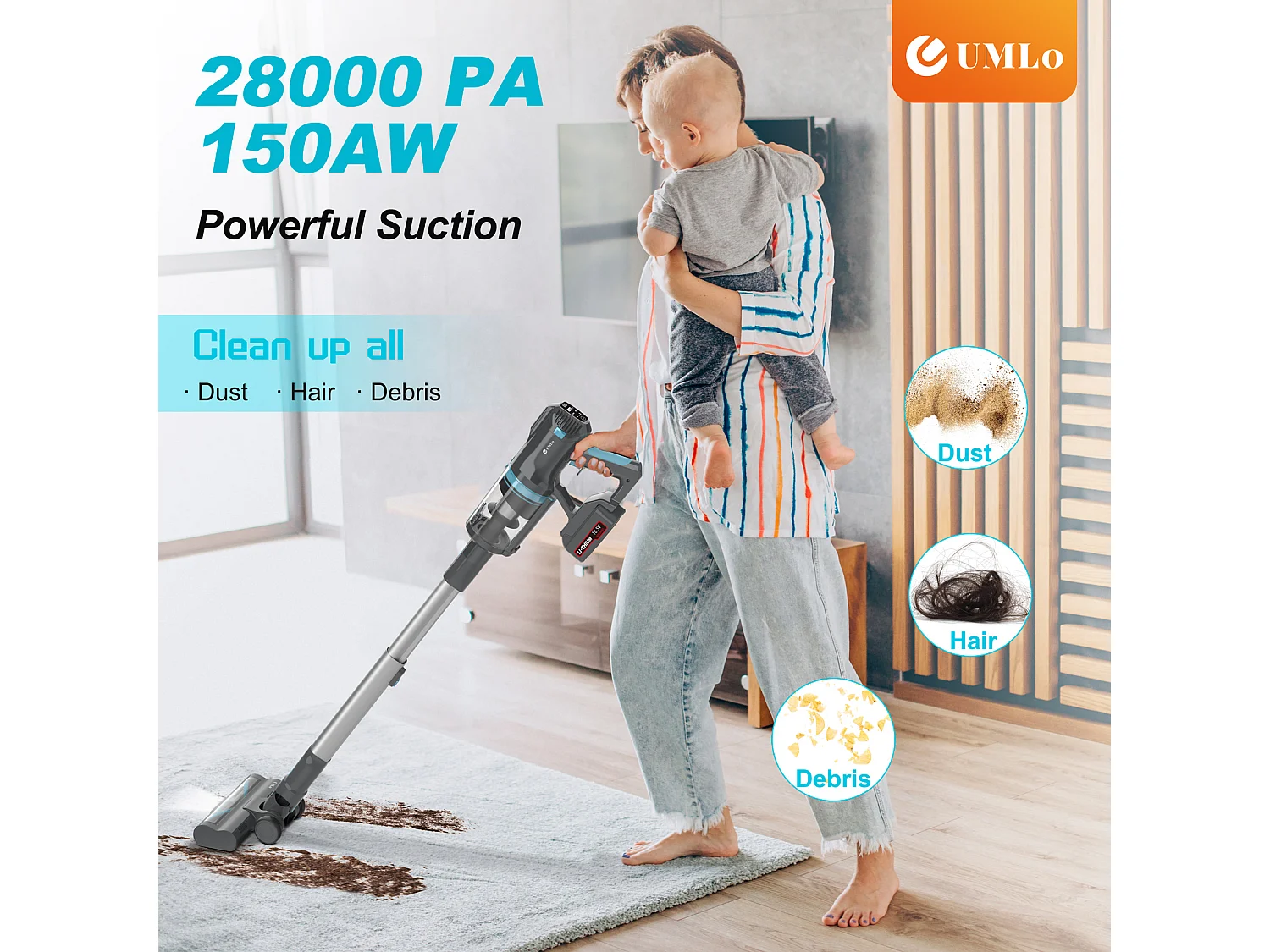 Aspirateur balai sans fil 2-en-1, 300W, batterie 4000mAh, filtration HEPA, affichage LED, bleu et gris (30x25x115 cm)