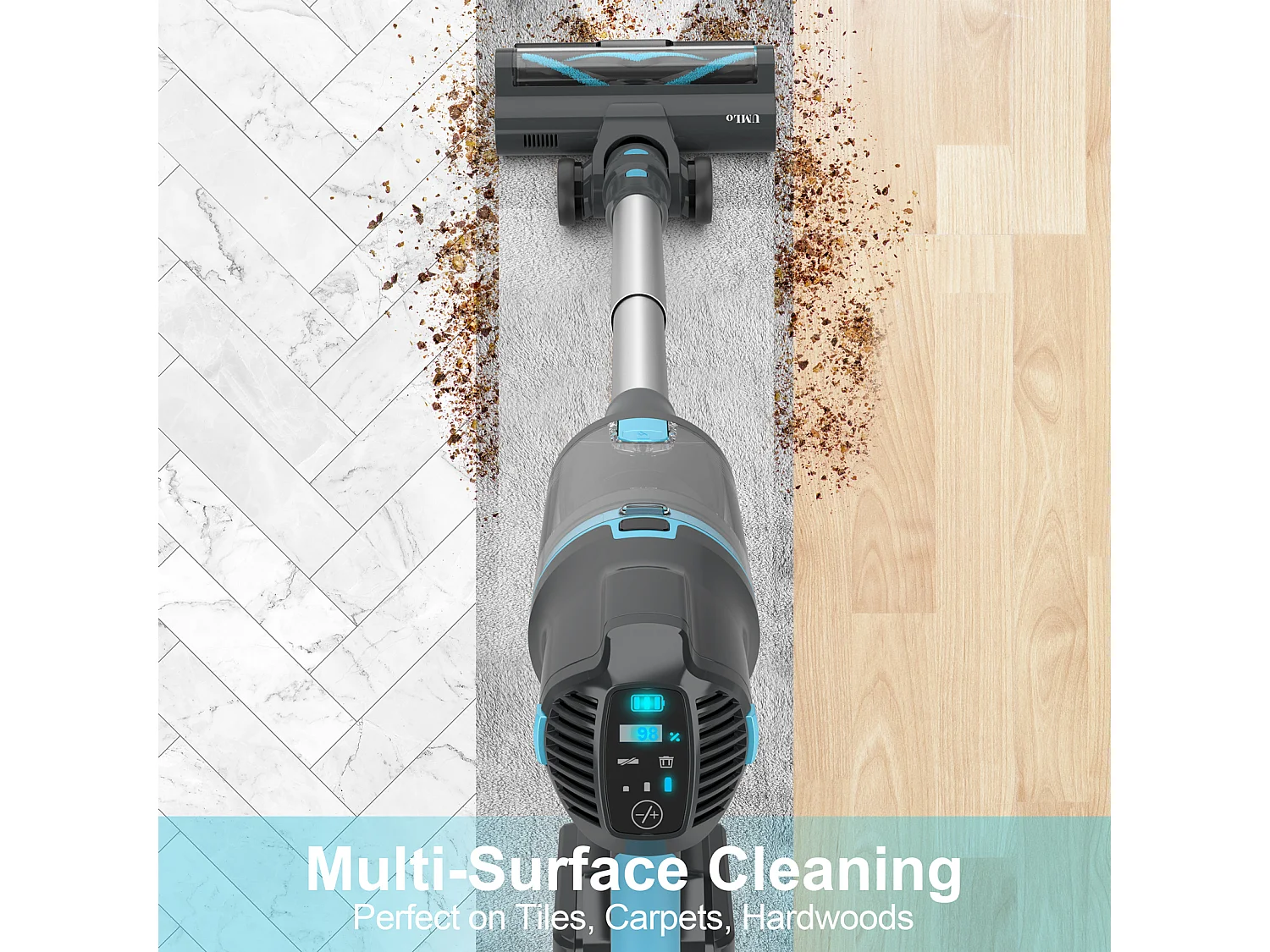 Aspirateur balai sans fil 2-en-1, 300W, batterie 4000mAh, filtration HEPA, affichage LED, bleu et gris (30x25x115 cm)