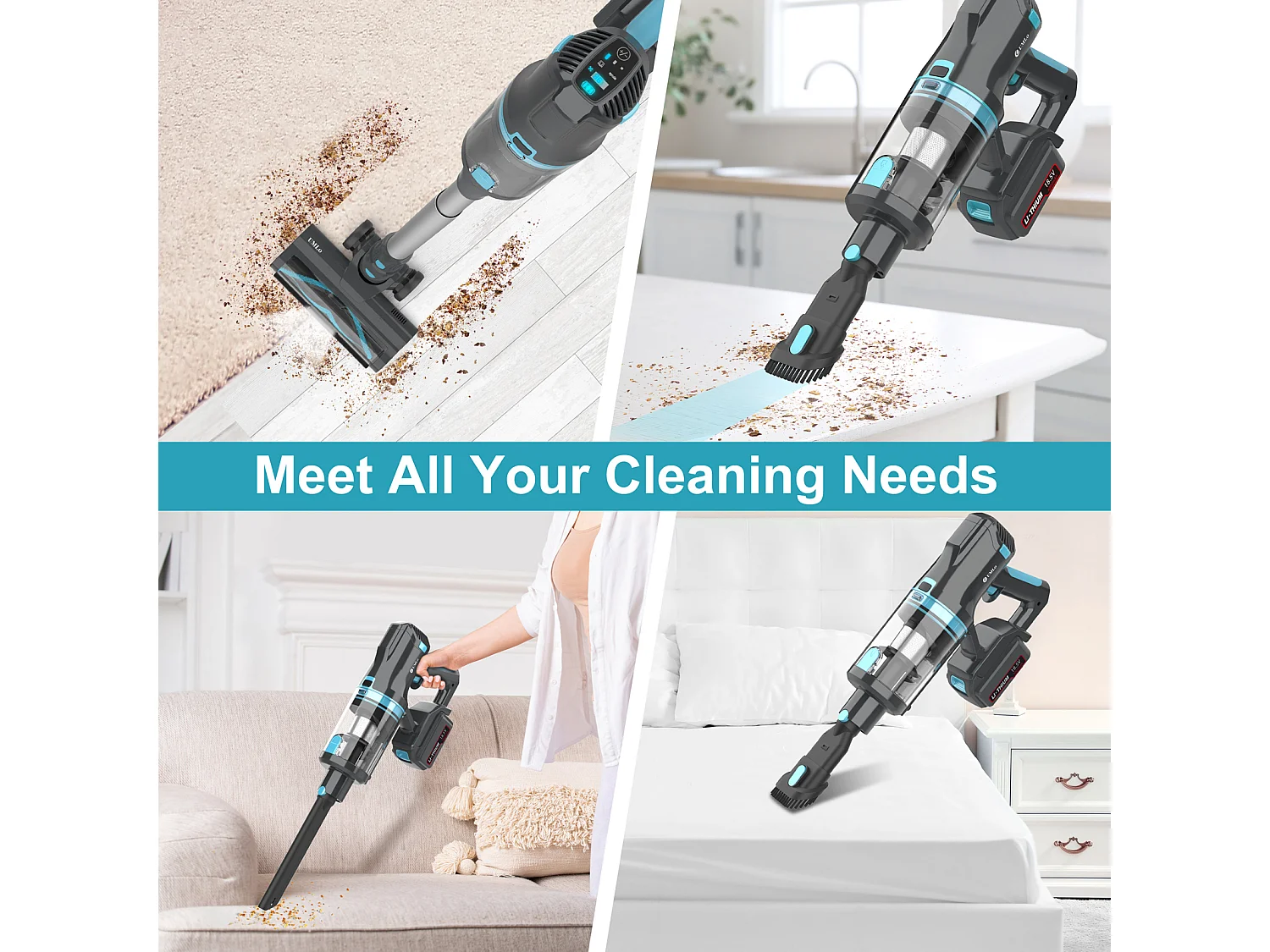 Aspirateur balai sans fil 2-en-1, 300W, batterie 4000mAh, filtration HEPA, affichage LED, bleu et gris (30x25x115 cm)