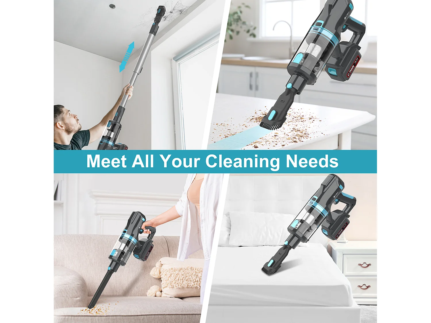 Aspirateur balai sans fil 2-en-1, 300W, batterie 4000mAh, filtration HEPA, affichage LED, bleu et gris (30x25x115 cm)