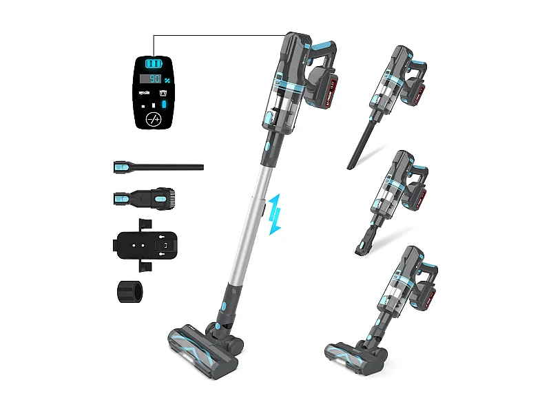 Aspirateur balai sans fil 2-en-1, 300W, batterie 4000mAh, filtration HEPA, affichage LED, bleu et gris (30x25x115 cm)