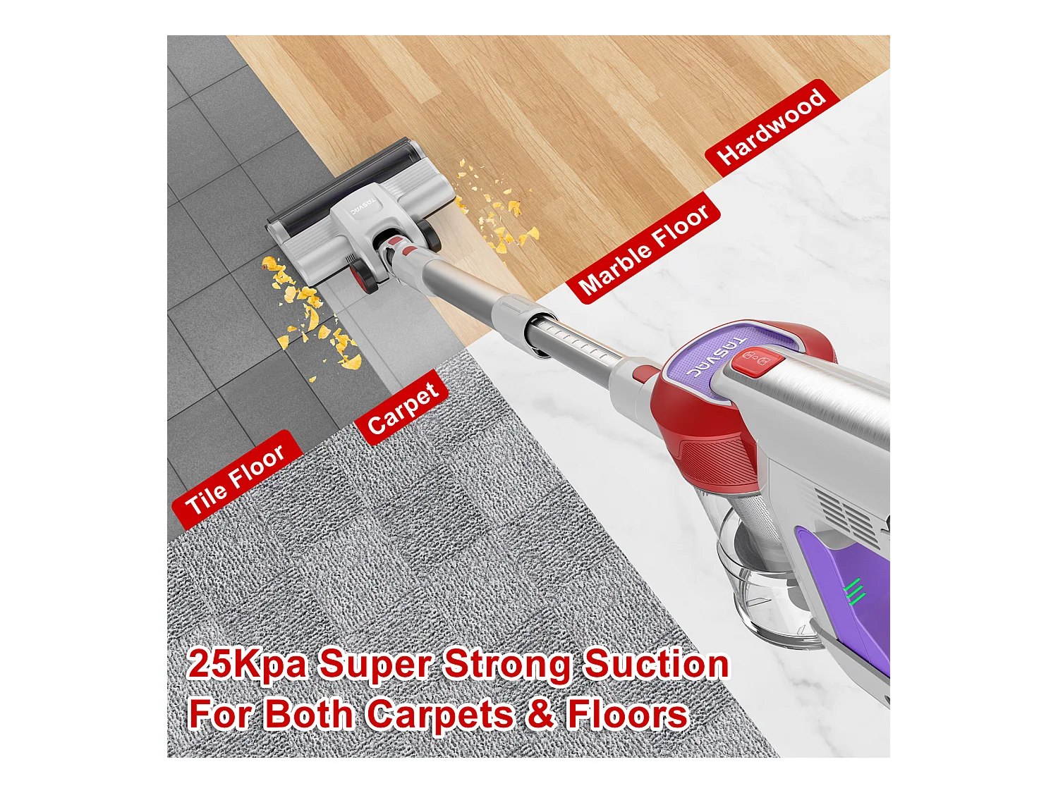 Aspirateur balai sans fil avec affichage LED, moteur 260W, filtration HEPA, 23kPa de puissance d'aspiration, batterie amovible (43.5x32.5x19.5 cm)