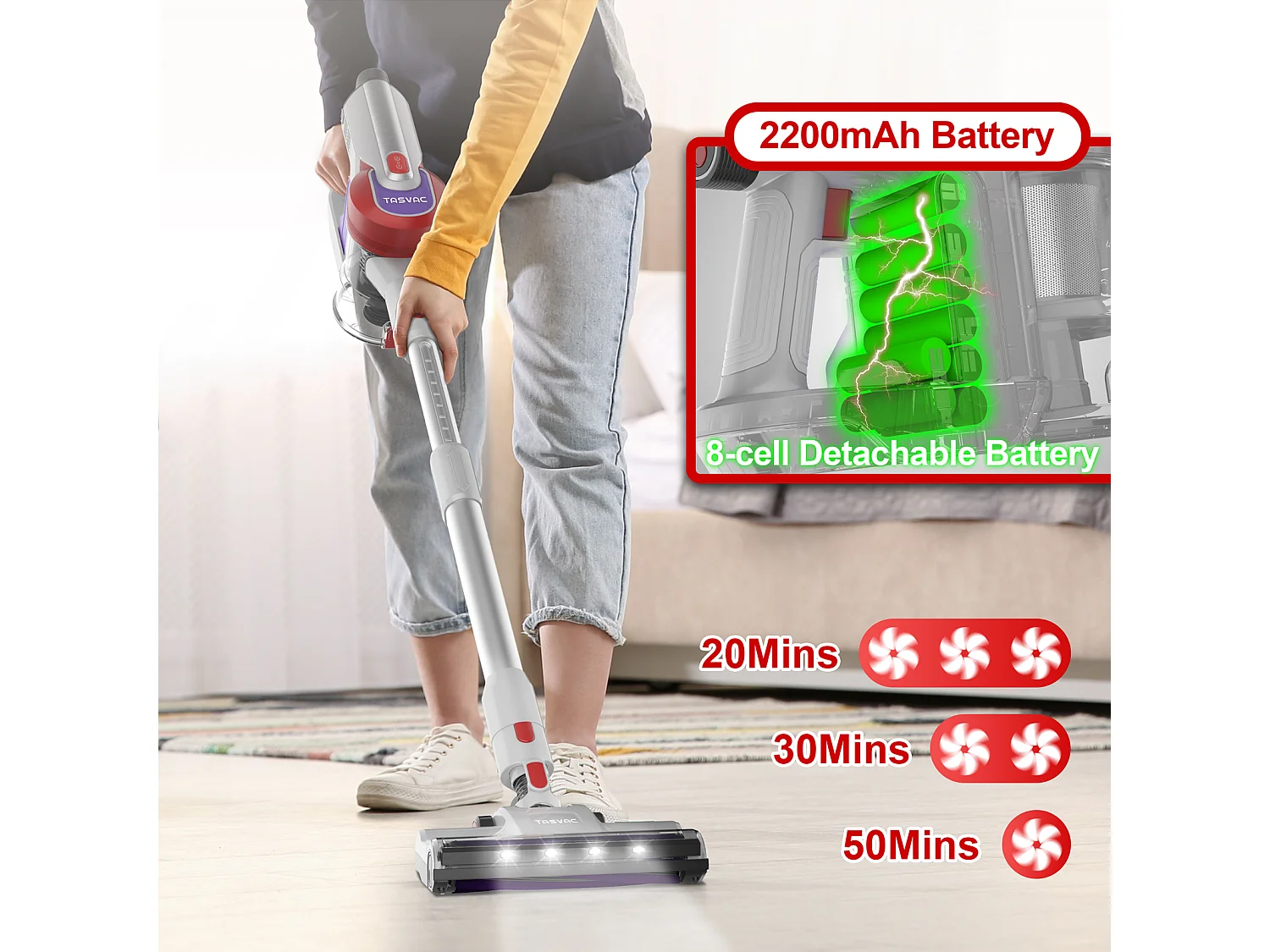 Aspirateur balai sans fil avec affichage LED, moteur 260W, filtration HEPA, 23kPa de puissance d'aspiration, batterie amovible (43.5x32.5x19.5 cm)