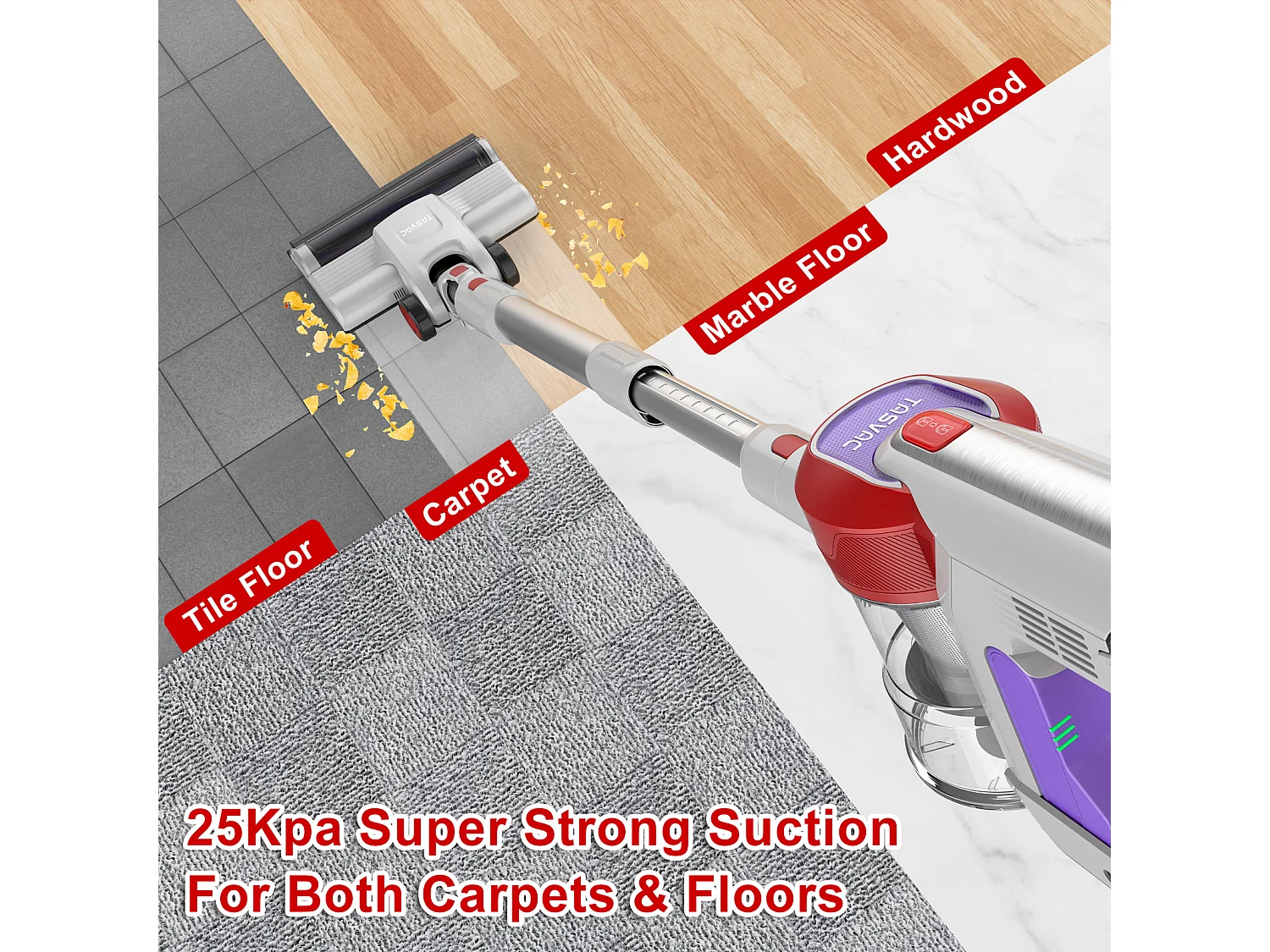 Aspirateur balai sans fil avec affichage LED, moteur 260W, filtration HEPA, 23kPa de puissance d'aspiration, batterie amovible (43.5x32.5x19.5 cm)