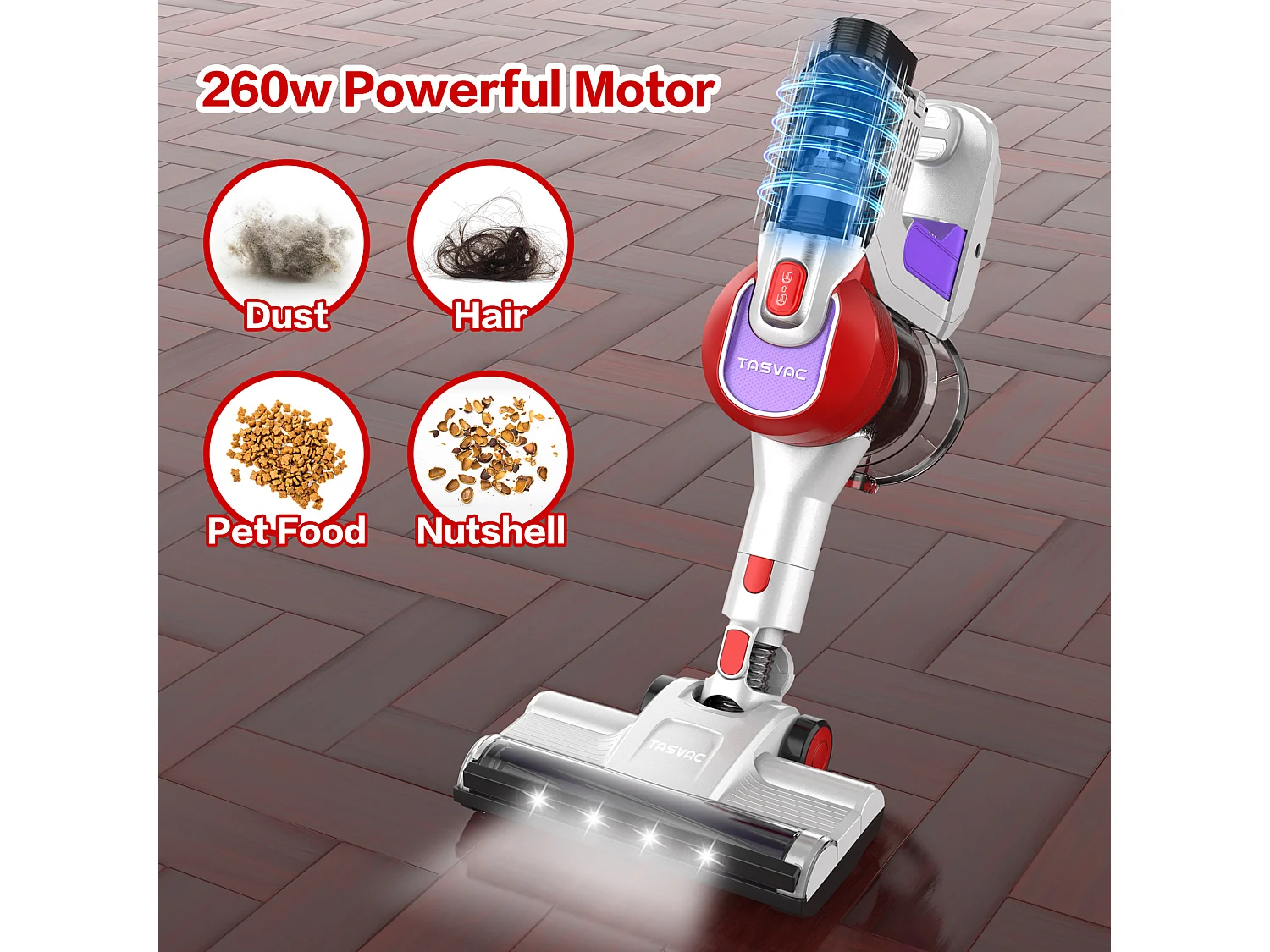 Aspirateur balai sans fil avec affichage LED, moteur 260W, filtration HEPA, 23kPa de puissance d'aspiration, batterie amovible (43.5x32.5x19.5 cm)