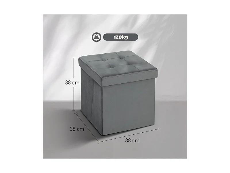 Hocker pliable avec rangement, mousse, MDF, Gris (38x38x38 cm)