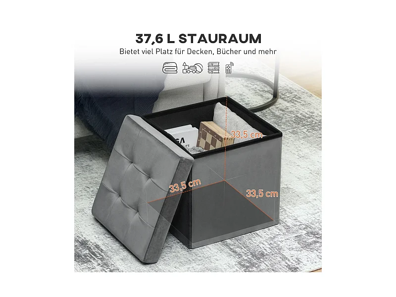 Hocker pliable avec rangement, mousse, MDF, Gris (38x38x38 cm)