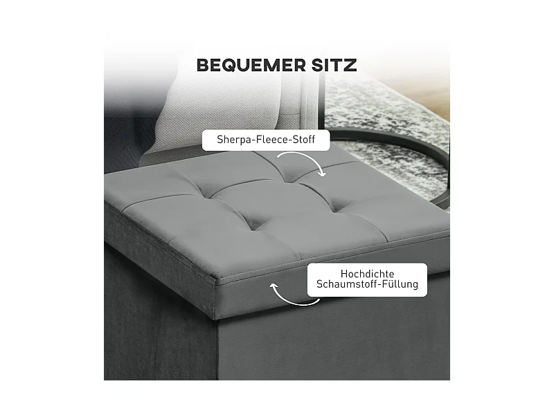 Hocker pliable avec rangement, mousse, MDF, Gris (38x38x38 cm)