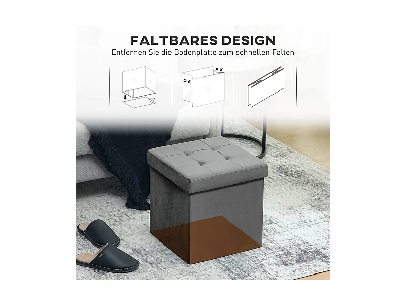 Hocker pliable avec rangement, mousse, MDF, Gris (38x38x38 cm)