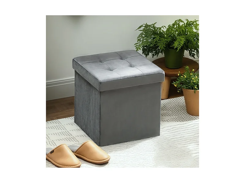 Hocker pliable avec rangement, mousse, MDF, Gris (38x38x38 cm)