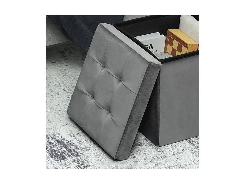 Hocker pliable avec rangement, mousse, MDF, Gris (38x38x38 cm)