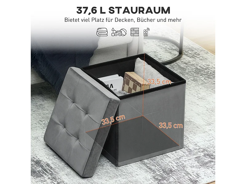 Sgabello pieghevole con contenitore, schiuma, MDF, grigio (38x38x38 cm)