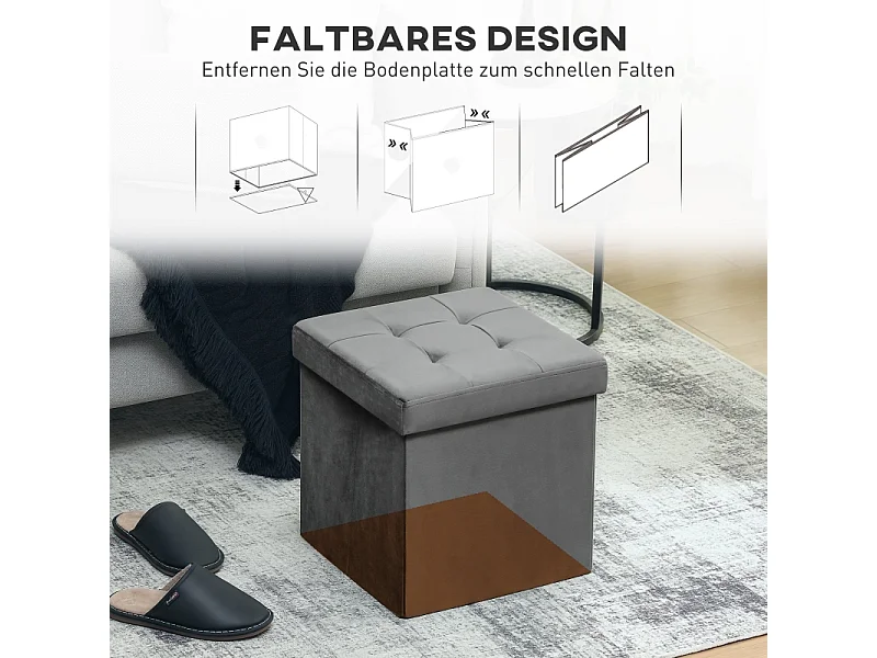 Sgabello pieghevole con contenitore, schiuma, MDF, grigio (38x38x38 cm)