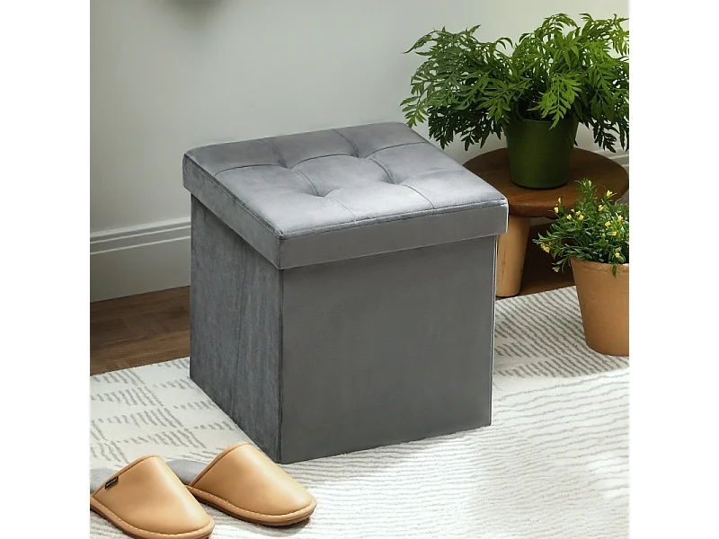 Sgabello pieghevole con contenitore, schiuma, MDF, grigio (38x38x38 cm)