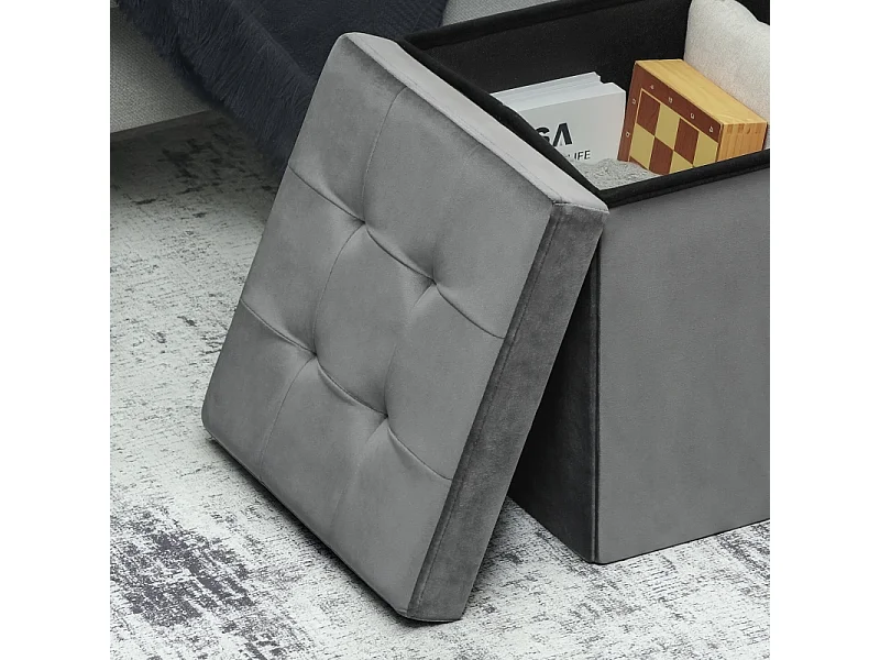 Sgabello pieghevole con contenitore, schiuma, MDF, grigio (38x38x38 cm)