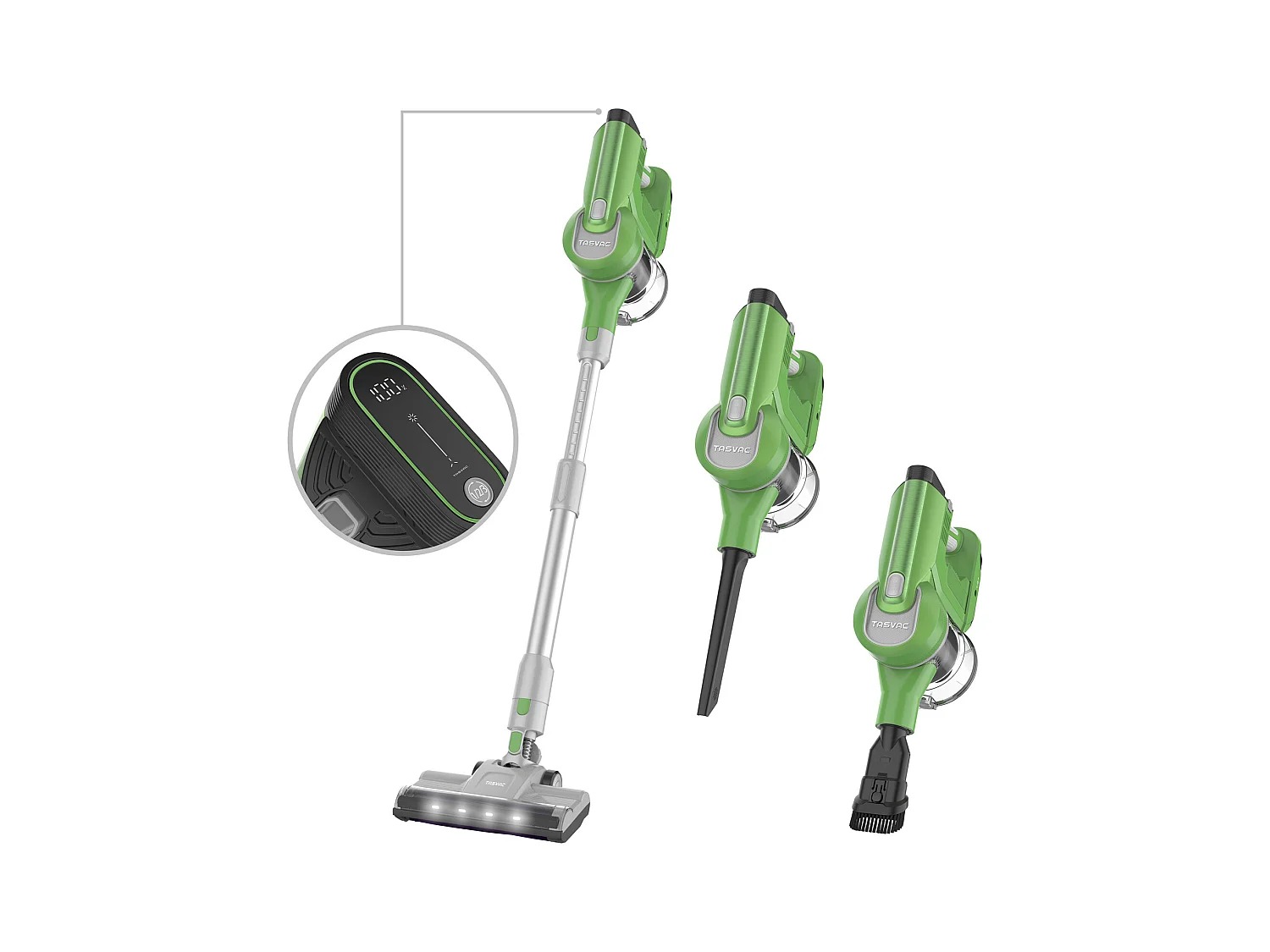 Aspirateur sans fil 2-en-1, 260W avec écran LED, rouleau doux, design léger, vert (43.5x32.5x19.5 cm)