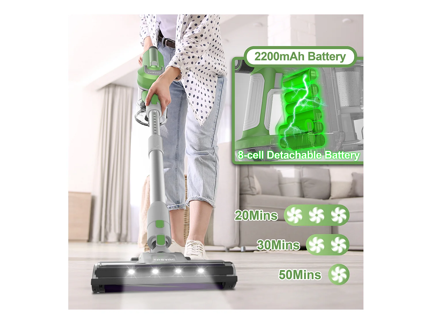 Aspirateur sans fil 2-en-1, 260W avec écran LED, rouleau doux, design léger, vert (43.5x32.5x19.5 cm)