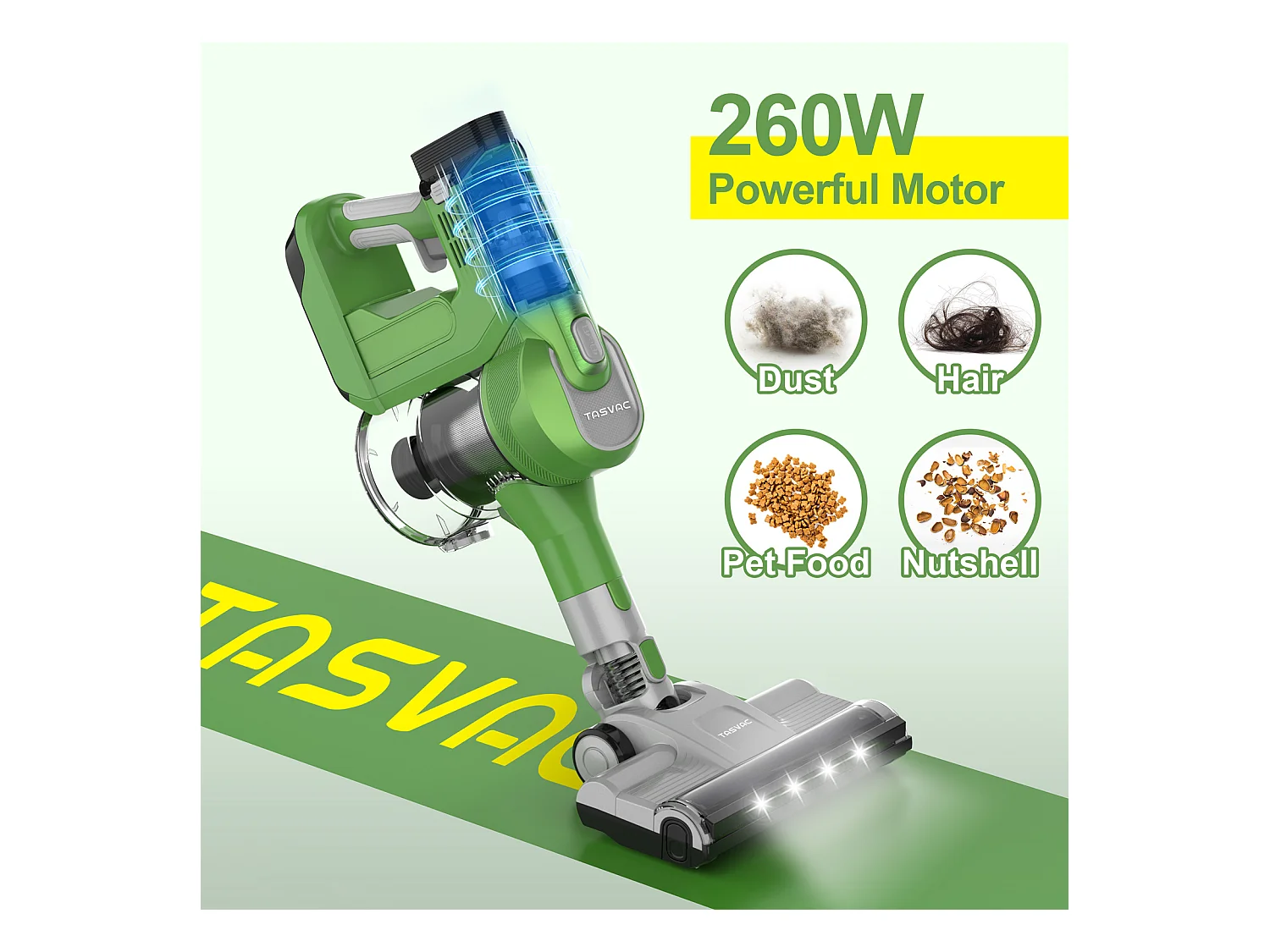 Aspirateur sans fil 2-en-1, 260W avec écran LED, rouleau doux, design léger, vert (43.5x32.5x19.5 cm)