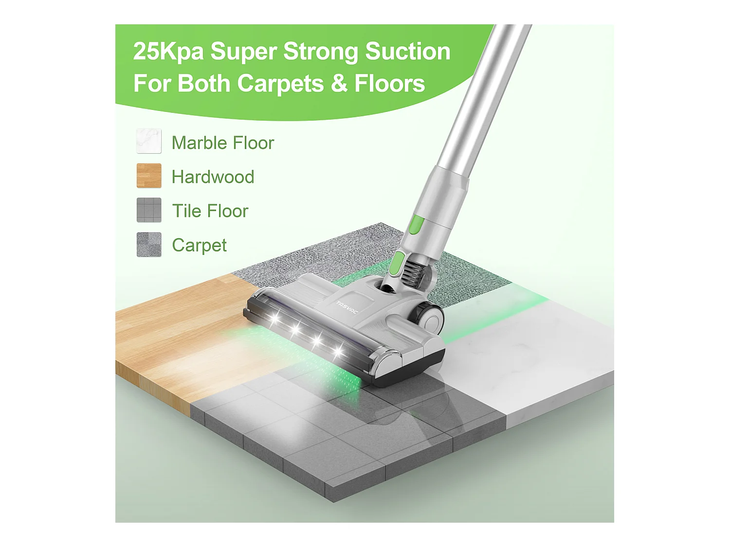 Aspirateur sans fil 2-en-1, 260W avec écran LED, rouleau doux, design léger, vert (43.5x32.5x19.5 cm)