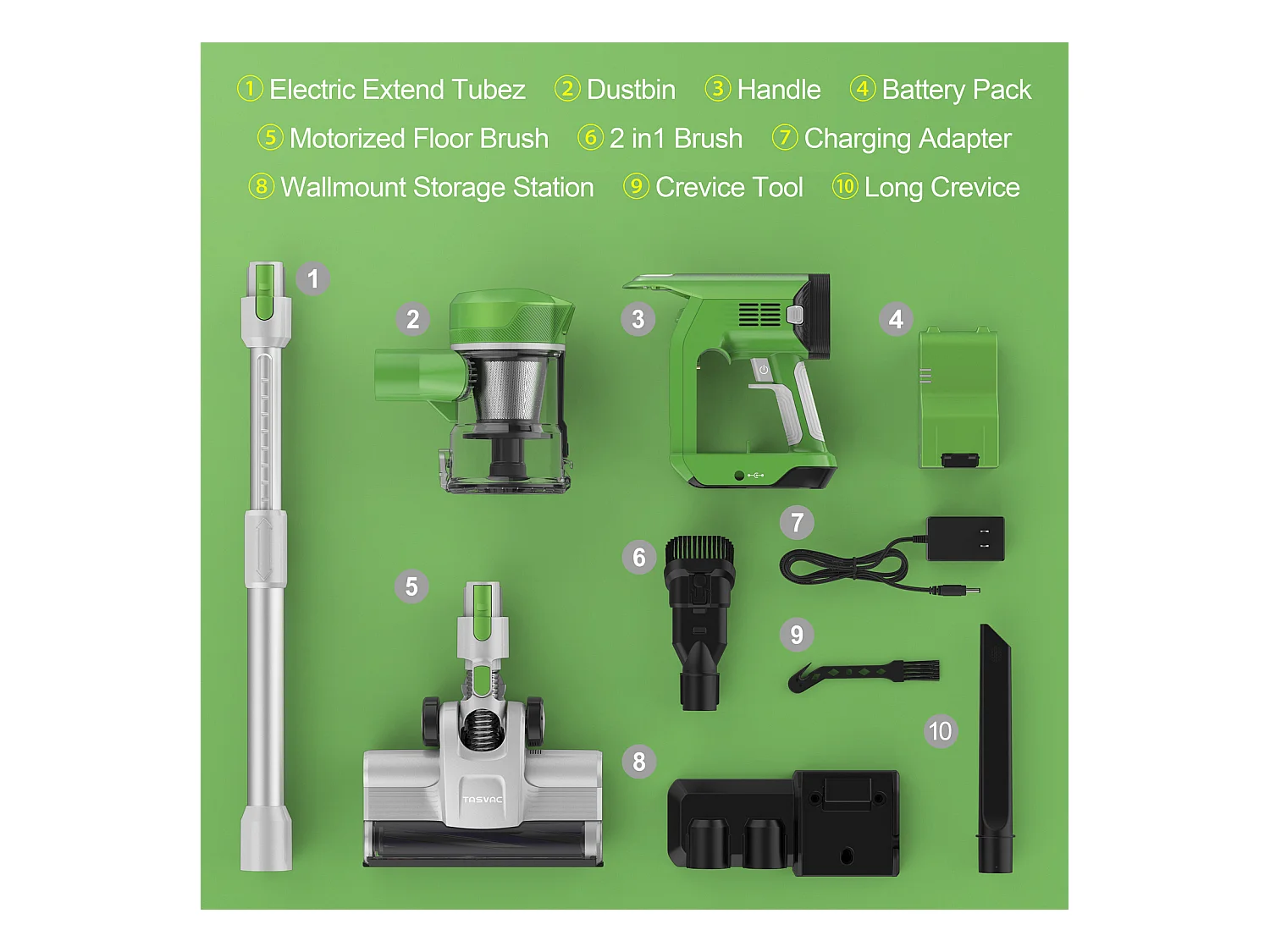 Aspirateur sans fil 2-en-1, 260W avec écran LED, rouleau doux, design léger, vert (43.5x32.5x19.5 cm)