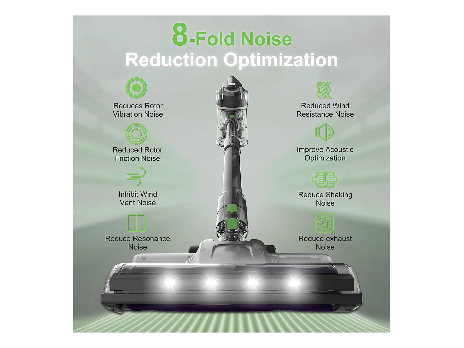 Aspirateur sans fil 2-en-1, 260W avec écran LED, rouleau doux, design léger, vert (43.5x32.5x19.5 cm)