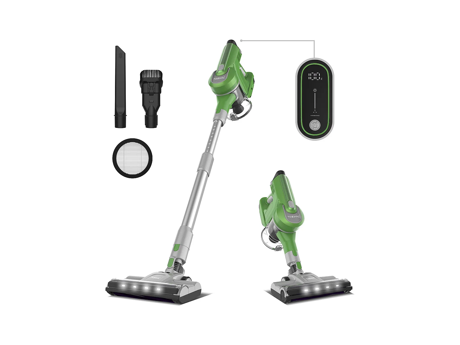 Aspirateur sans fil 2-en-1, 260W avec écran LED, rouleau doux, design léger, vert (43.5x32.5x19.5 cm)