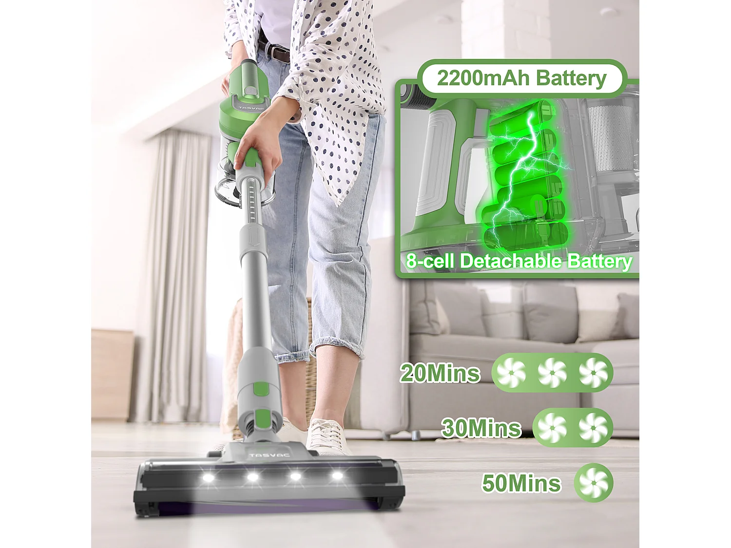 Aspirapolvere senza fili 2 in 1, 260 W con display LED, rullo morbido, design leggero, verde (43,5x32,5x19,5 cm)