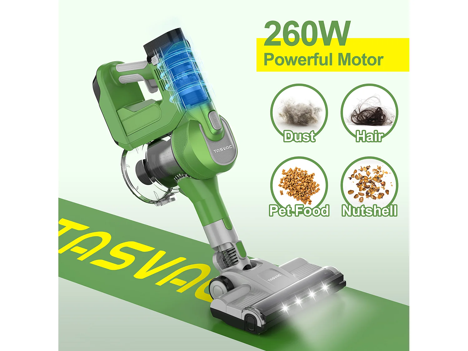 Aspirapolvere senza fili 2 in 1, 260 W con display LED, rullo morbido, design leggero, verde (43,5x32,5x19,5 cm)