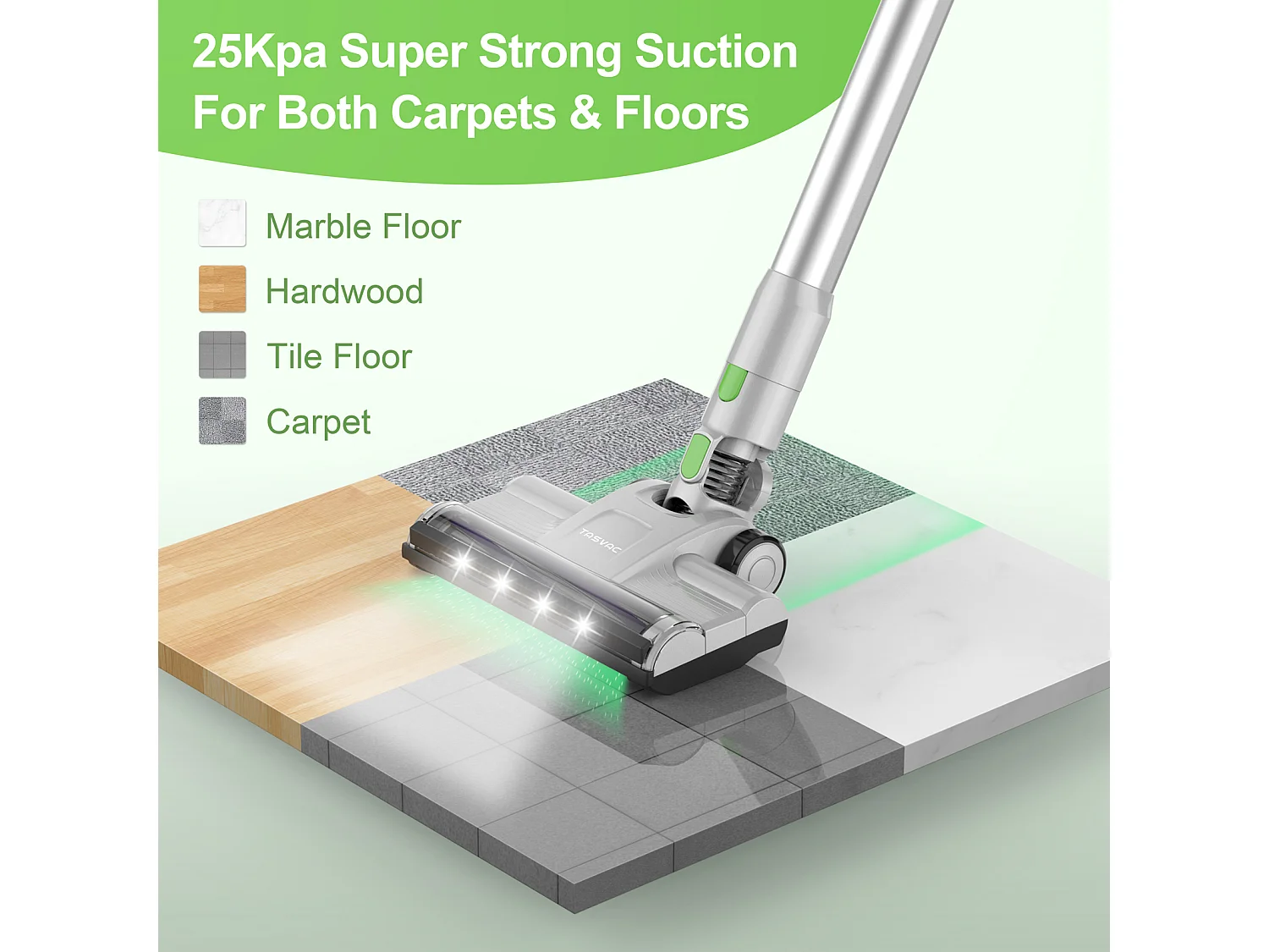 Aspirapolvere senza fili 2 in 1, 260 W con display LED, rullo morbido, design leggero, verde (43,5x32,5x19,5 cm)