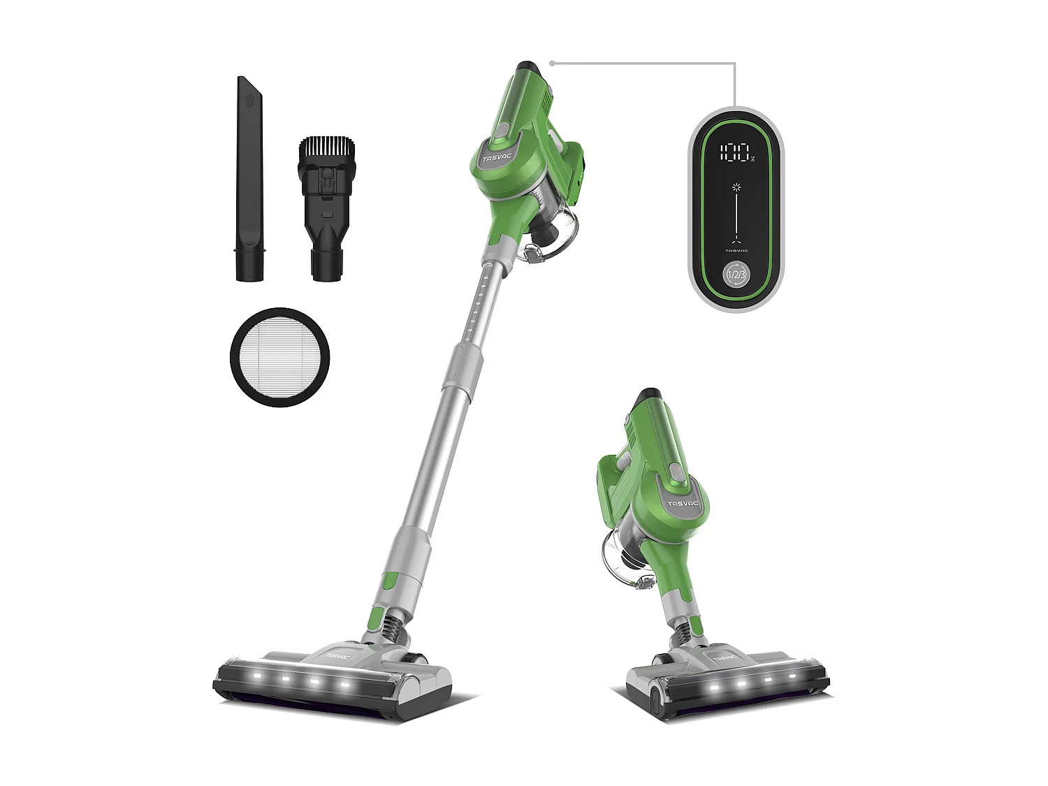 Aspirapolvere senza fili 2 in 1, 260 W con display LED, rullo morbido, design leggero, verde (43,5x32,5x19,5 cm)