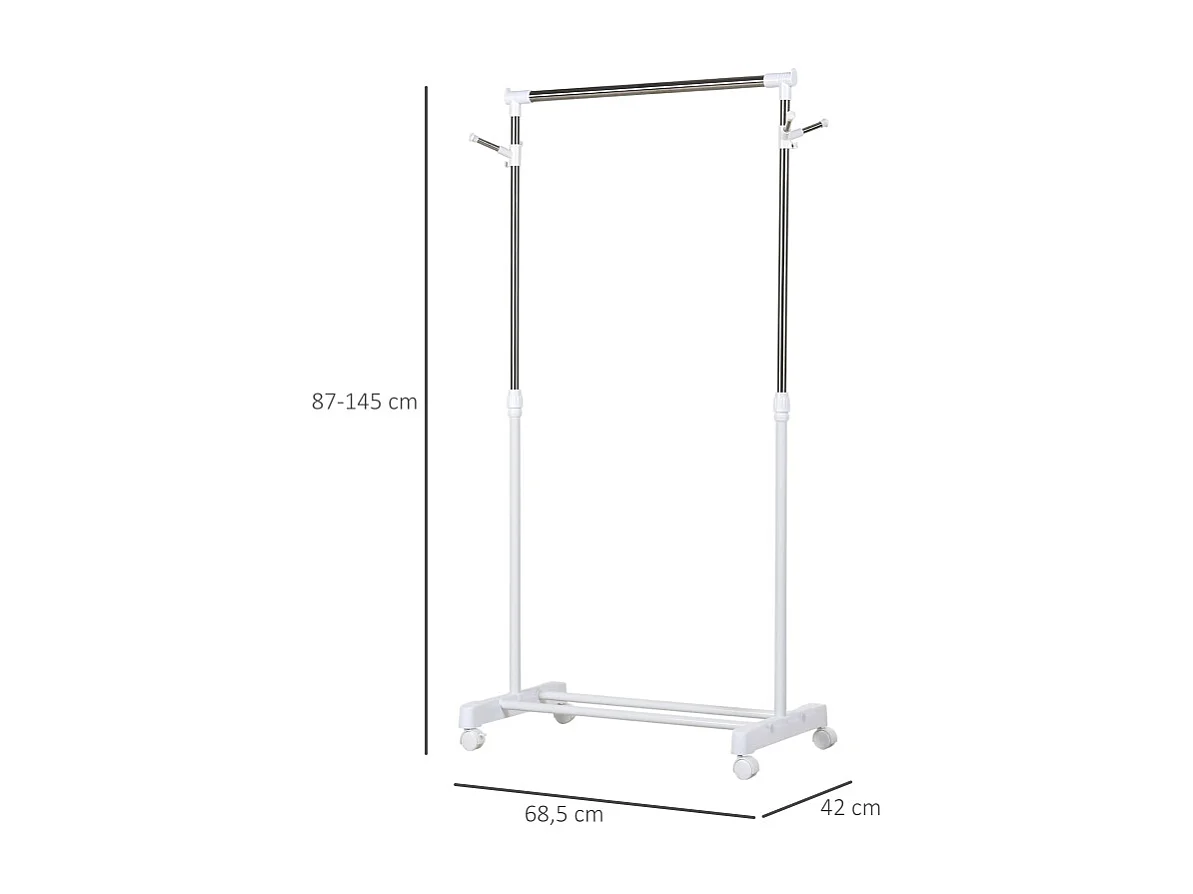 Porte-vêtements sur roulettes, avec étagère, réglable en hauteur, métal, blanc (68.5x42x87-145 cm)