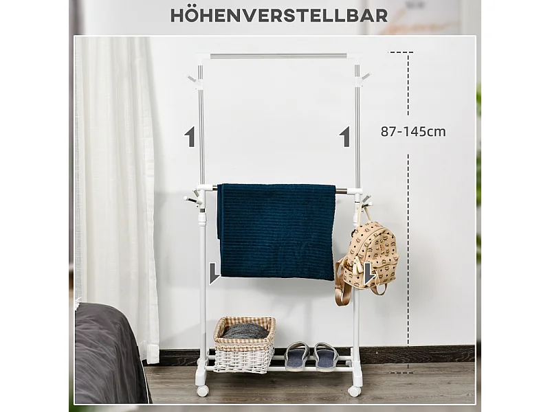 Porte-vêtements sur roulettes, avec étagère, réglable en hauteur, métal, blanc (68.5x42x87-145 cm)