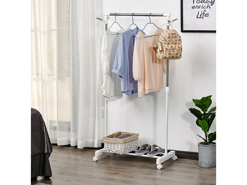 Porte-vêtements sur roulettes, avec étagère, réglable en hauteur, métal, blanc (68.5x42x87-145 cm)