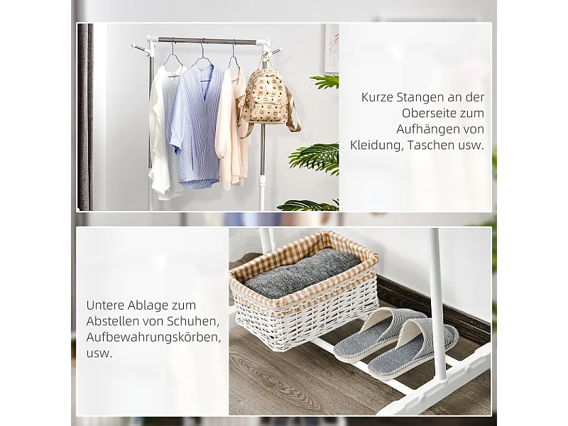 Porte-vêtements sur roulettes, avec étagère, réglable en hauteur, métal, blanc (68.5x42x87-145 cm)