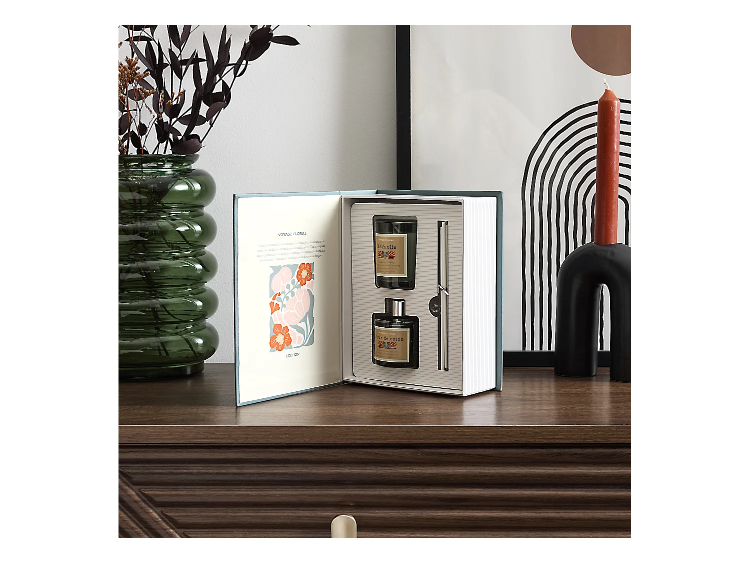 Bougie Parfumee Et Diffuseur Coffret Flower Vert