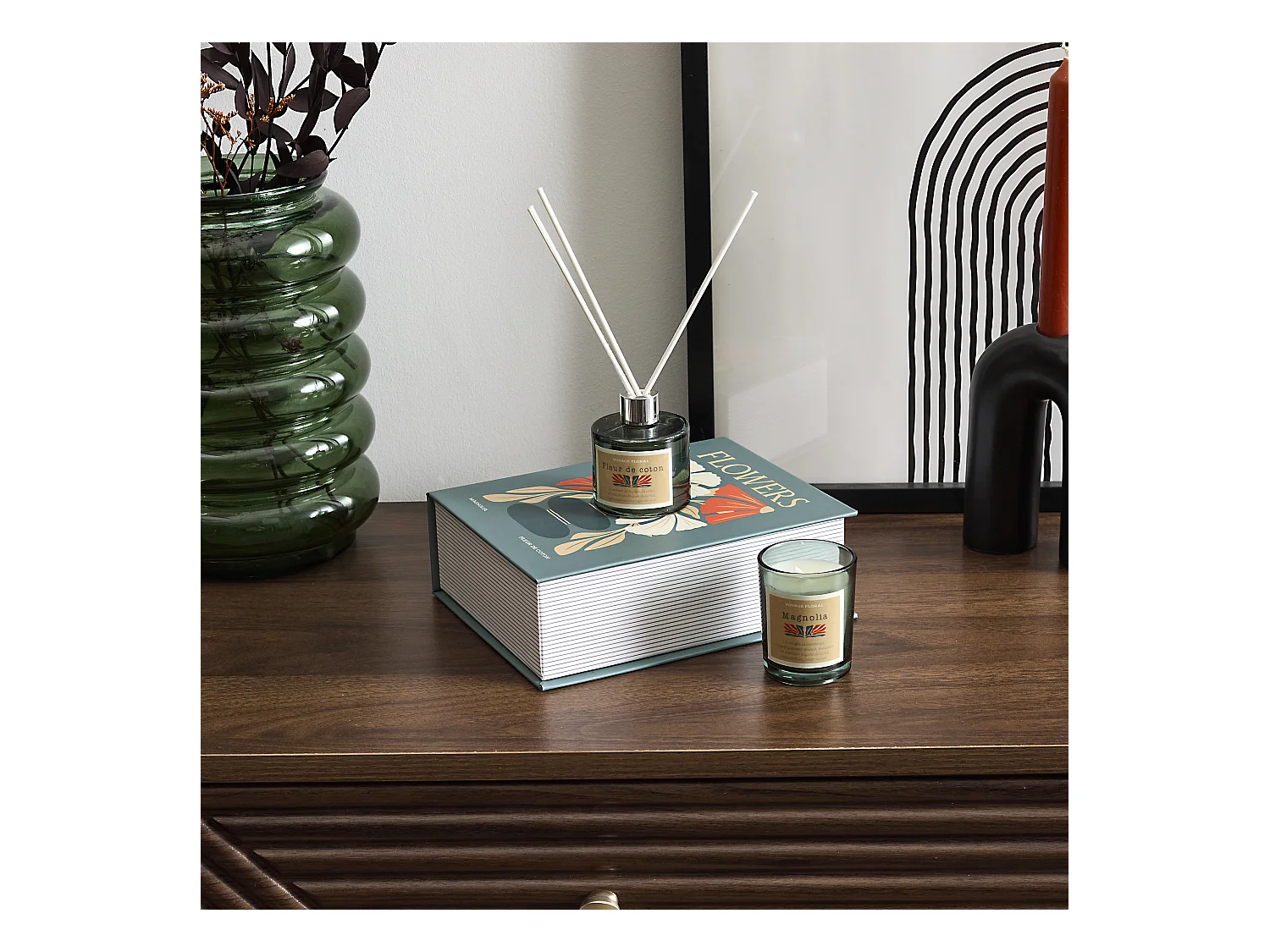 Bougie Parfumee Et Diffuseur Coffret Flower Vert