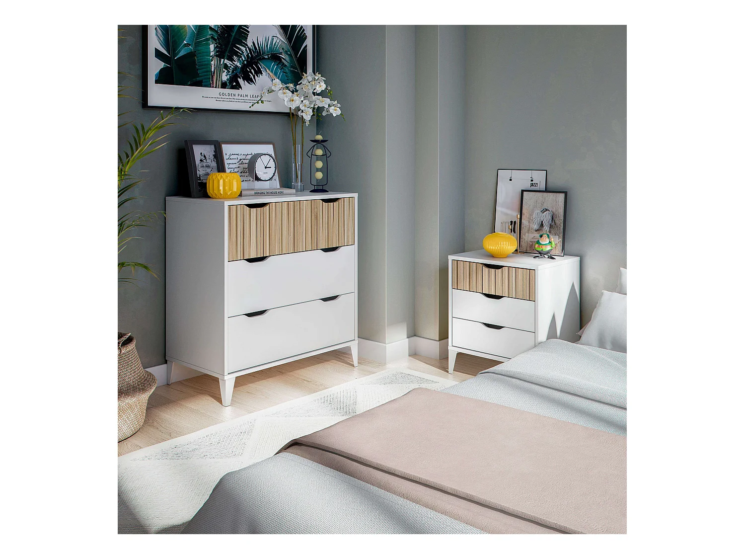 Cassettiera da camera da letto con 3 cassetti Noite Modern Bedroom in Artik Bianco e Rovere Naturale 71x76x40 cm