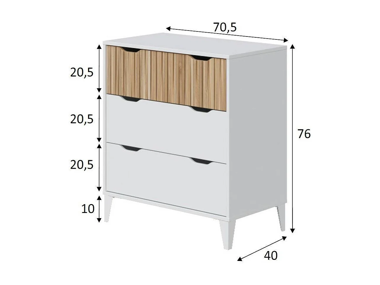 Commode de nuit nordique en chêne et blanc Artik, 3 tiroirs, 71 x 76 x 40 cm