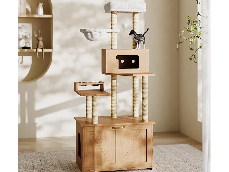 Kratzbaum 80x50x173 cm - mit Kratzbrett und Katzenhaus - mit 2 Näpfen - Katzentoilette - 1 Hängematte - natur