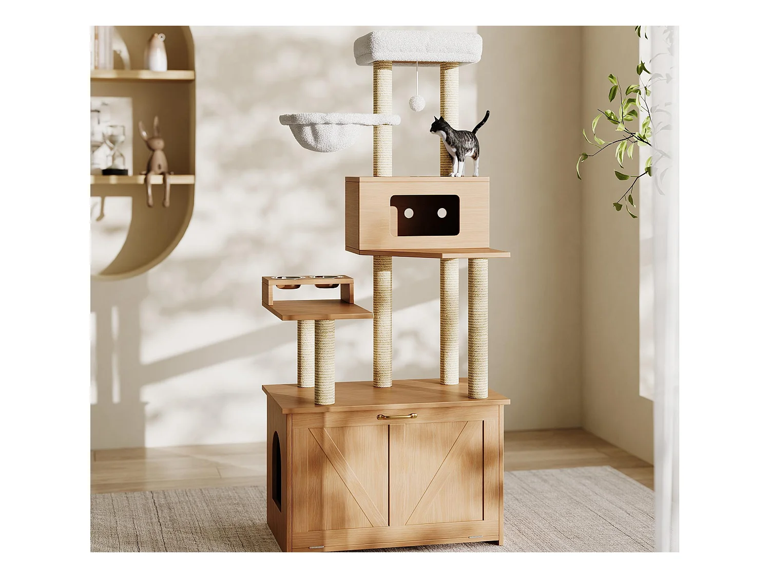 Arbre à chat 80x50x173 cm - avec griffoir et niche pour chat - avec 2 gamelles - bac à litière - 1 hamac - naturel