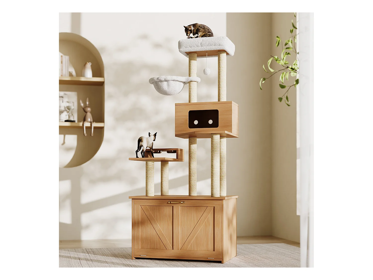 Arbre à chat 80x50x173 cm - avec griffoir et niche pour chat - avec 2 gamelles - bac à litière - 1 hamac - naturel