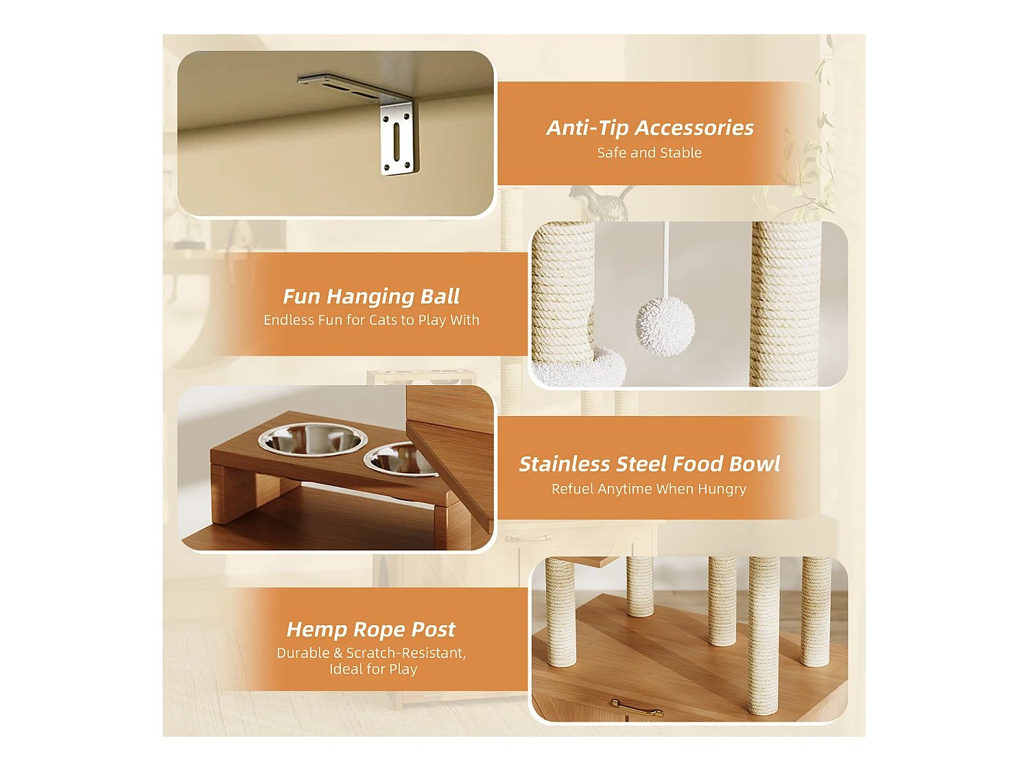 Arbre à chat 80x50x173 cm - avec griffoir et niche pour chat - avec 2 gamelles - bac à litière - 1 hamac - naturel