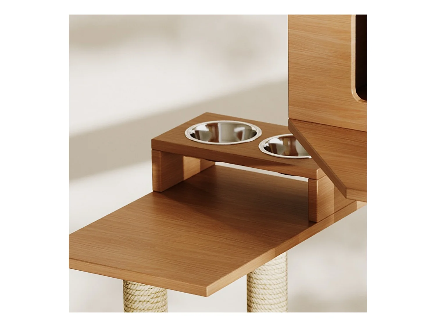 Arbre à chat 80x50x173 cm - avec griffoir et niche pour chat - avec 2 gamelles - bac à litière - 1 hamac - naturel