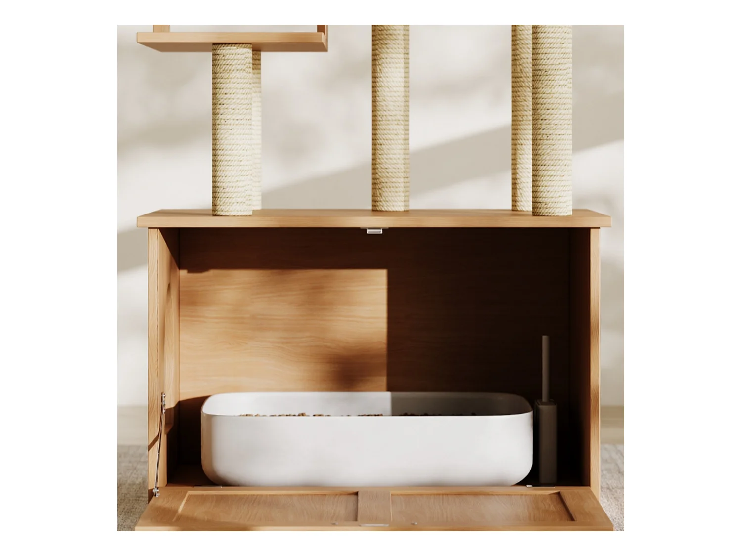 Arbre à chat 80x50x173 cm - avec griffoir et niche pour chat - avec 2 gamelles - bac à litière - 1 hamac - naturel