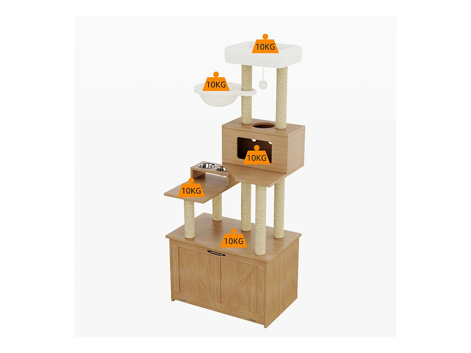 Arbre à chat 80x50x173 cm - avec griffoir et niche pour chat - avec 2 gamelles - bac à litière - 1 hamac - naturel