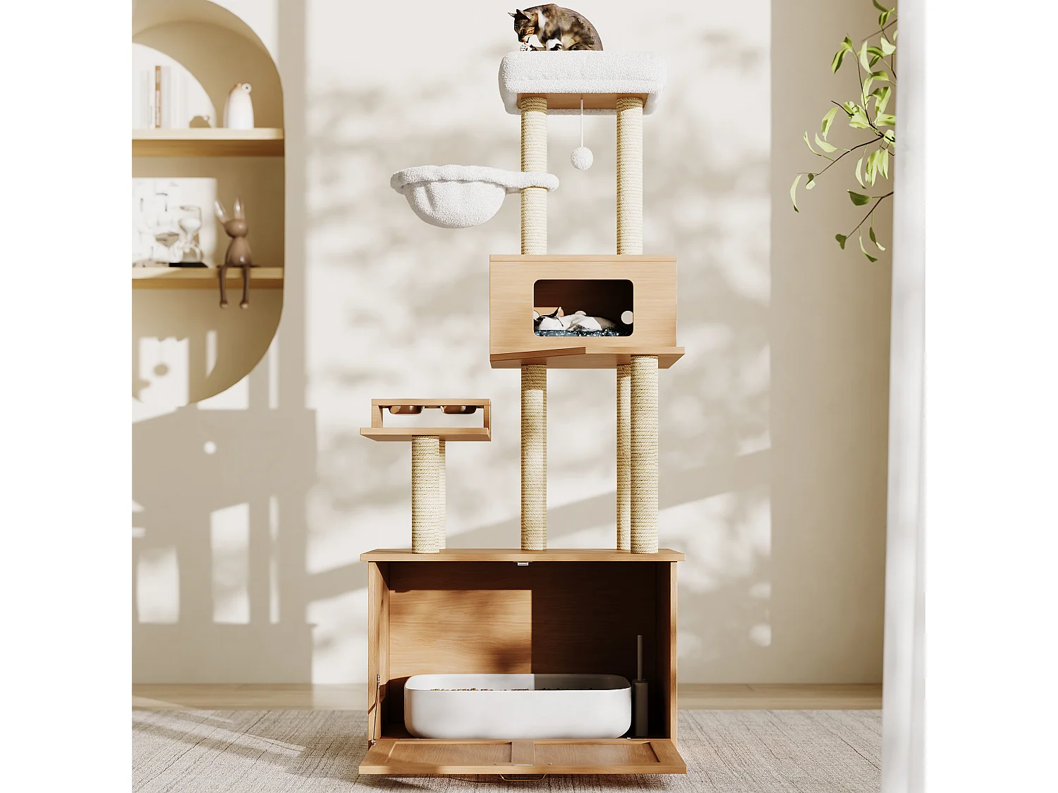 Arbre à chat 80x50x173 cm - avec griffoir et niche pour chat - avec 2 gamelles - bac à litière - 1 hamac - naturel