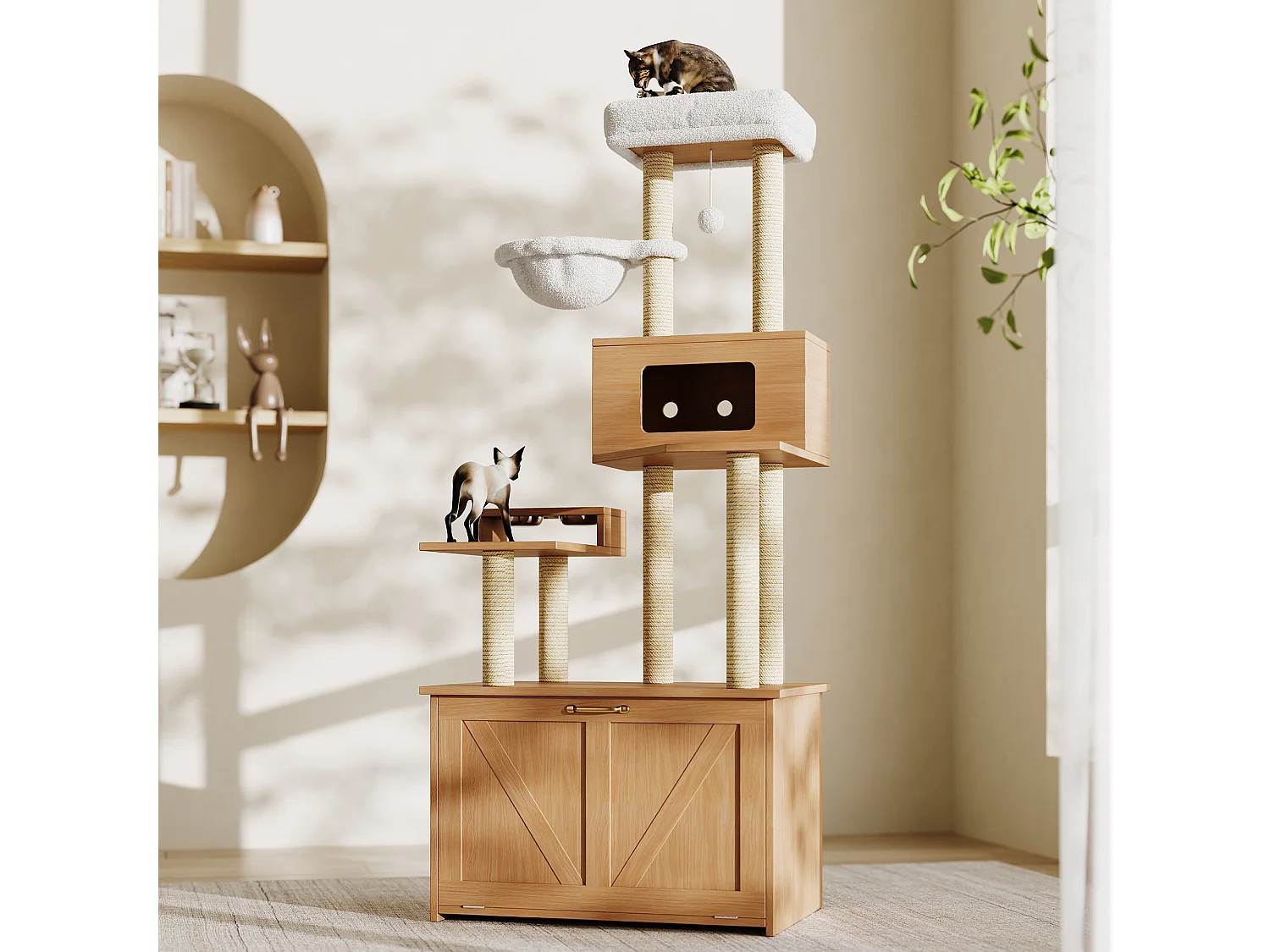 Arbre à chat 80x50x173 cm - avec griffoir et niche pour chat - avec 2 gamelles - bac à litière - 1 hamac - naturel